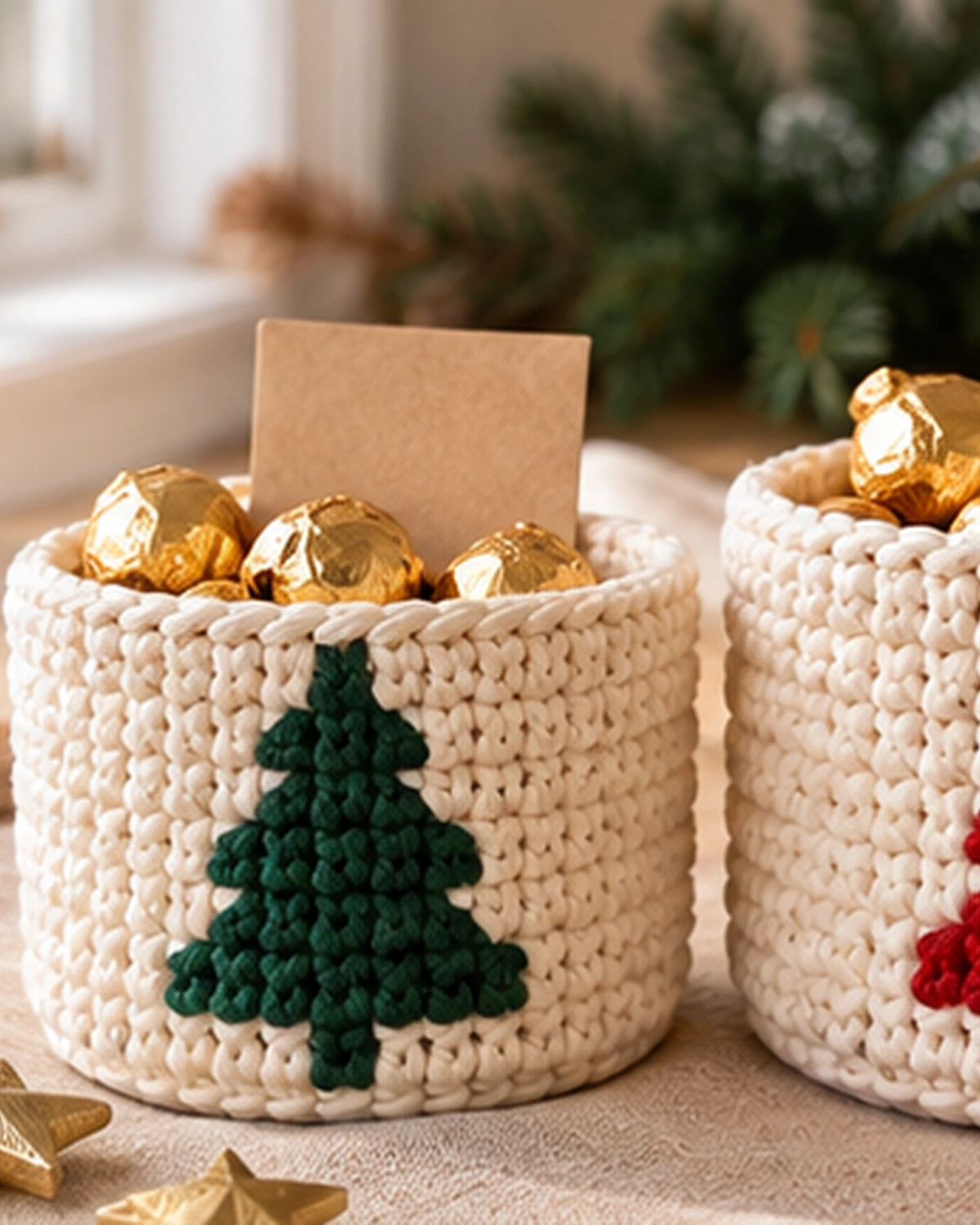 Two cream crochet Christmas baskets in cotton cord, one with red tiered trees and one with green, filled with small gifts