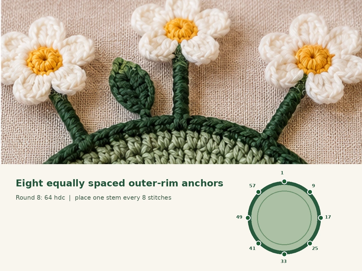 Crochet daisy flower coaster pattern diagram marking the eight stem attachment positions around the green base