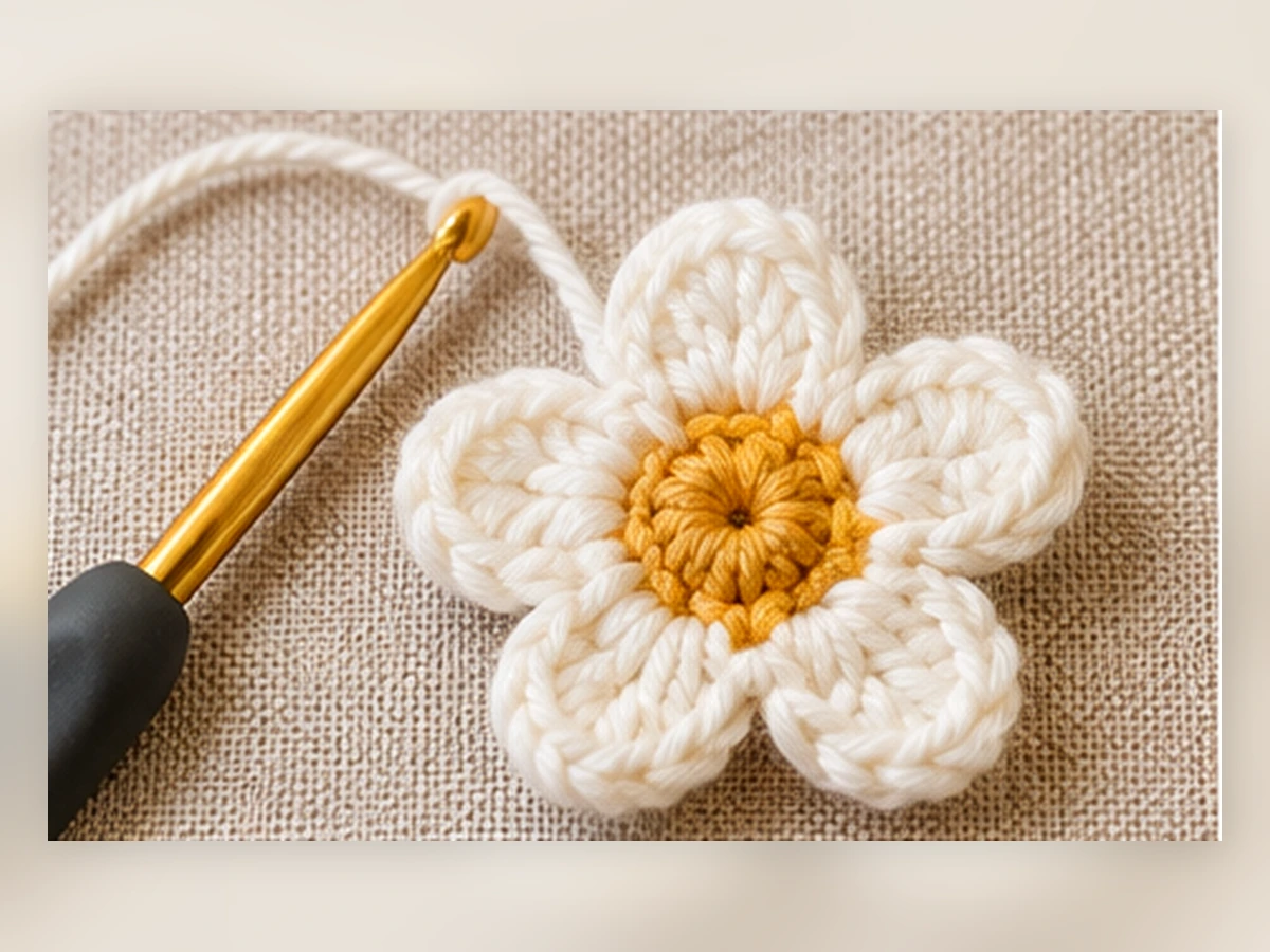 Illustrated five-petal daisy with a five-stitch yellow center and five groups of three white double crochets