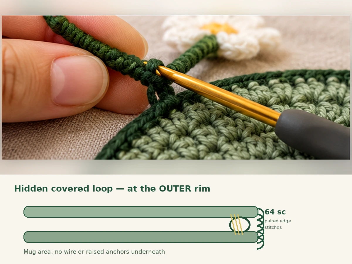 Cross-section illustration showing covered stem loop hidden between top and backing disks joined with 64 single crochet stitches