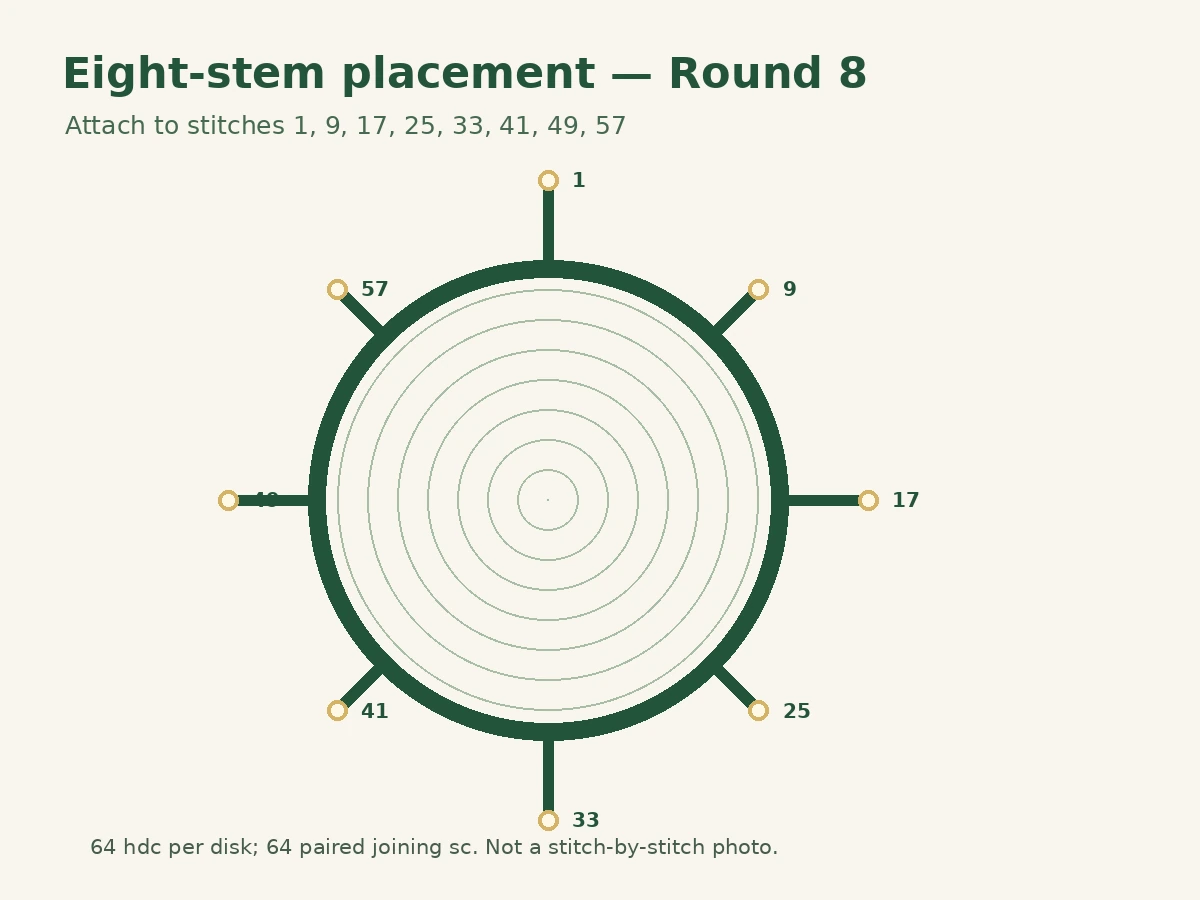 Eight-stem placement diagram — Round 8. Attach stems to stitches 1, 9, 17, 25, 33, 41, 49, 57