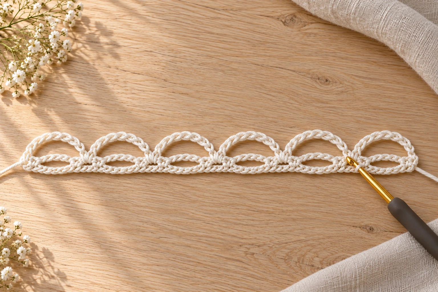 Cream crochet foundation with six chain-seven upper arches and lower foundation chains forming open oval windows