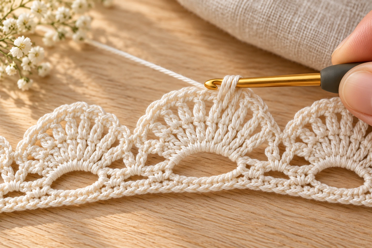Gold crochet hook placing a double crochet into the upper seven-chain arch of a cream lace ribbon while an open foundation window remains below