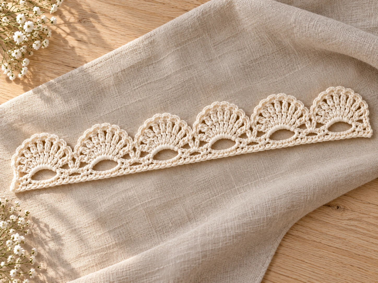 Cream crochet shell lace ribbon with six fan motifs and six open oval windows on natural linen