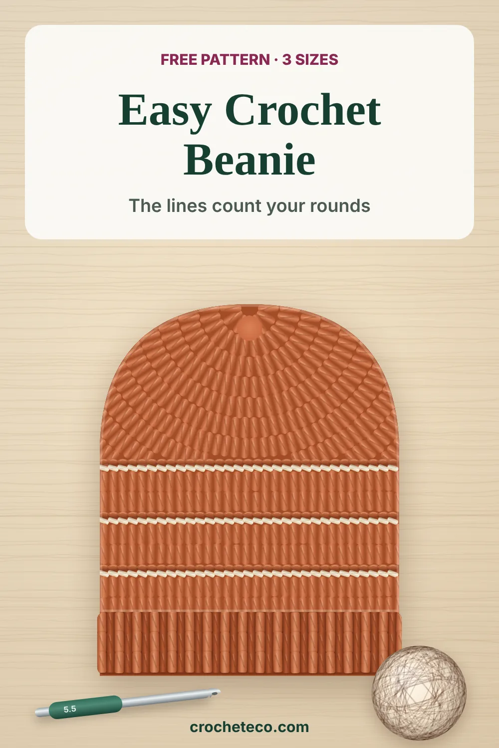 Easy crochet beanie pin with a rust orange beanie, ridge lines, yarn, and a crochet hook