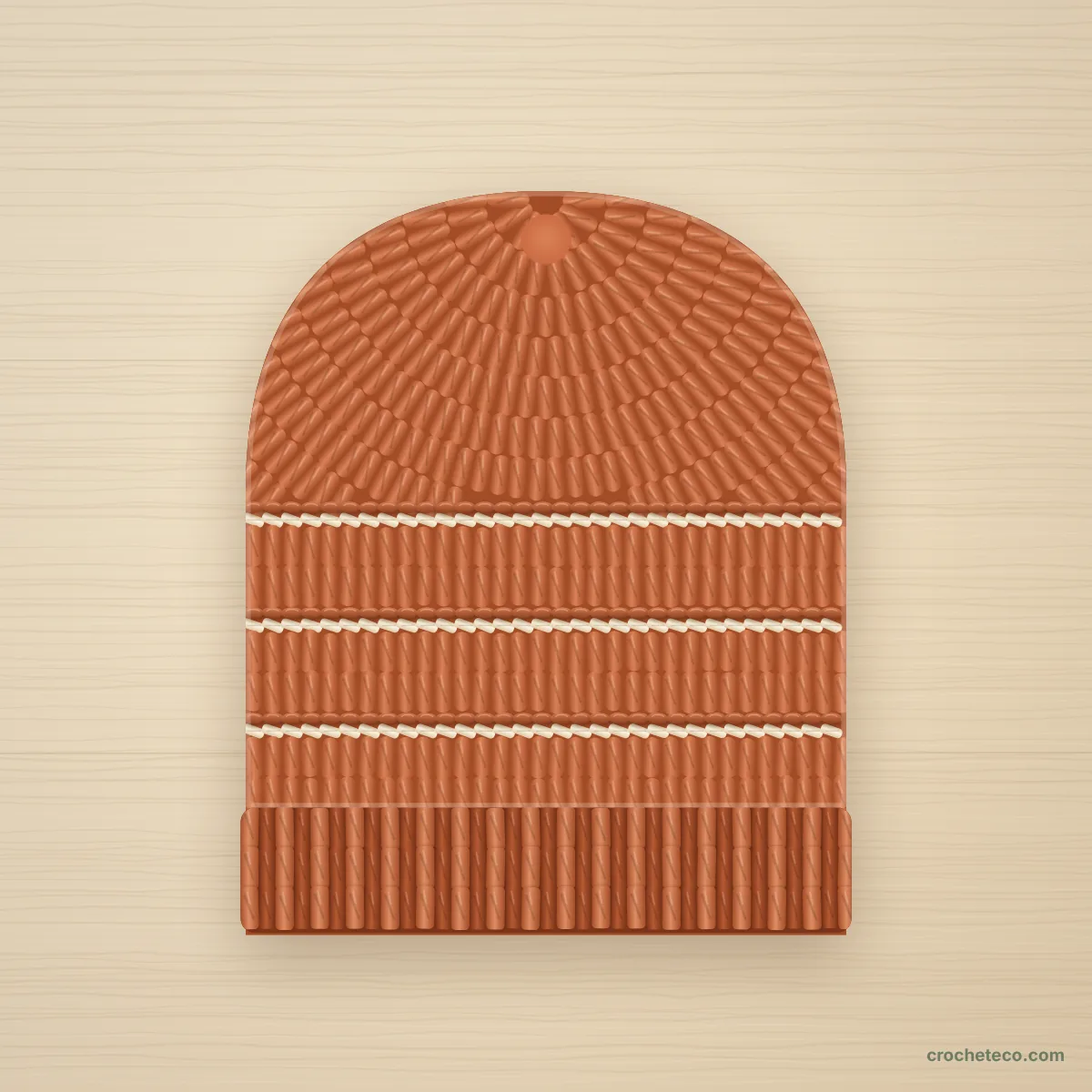 Illustration of a rust orange crochet beanie with three raised ridge lines, thin cream stripes, and a ribbed brim