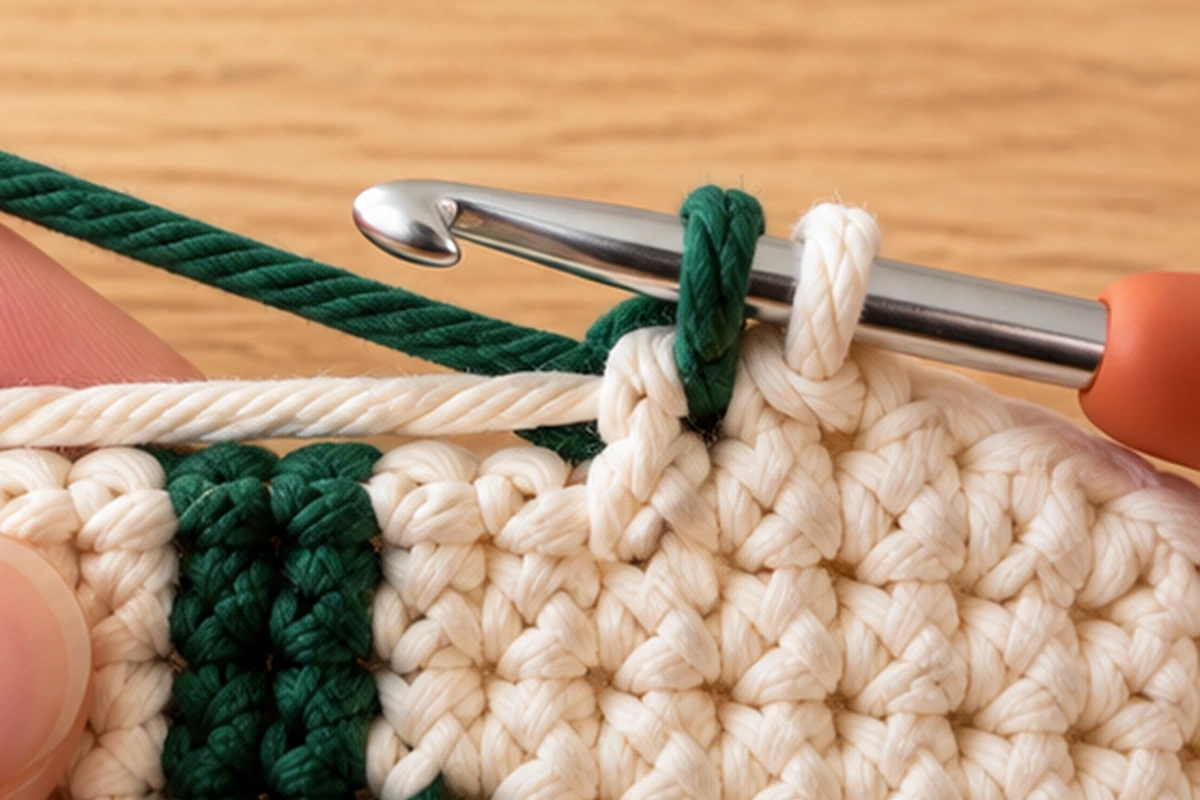 Green cord pulled through two cream loops on a hook, at the start of the first tree tier