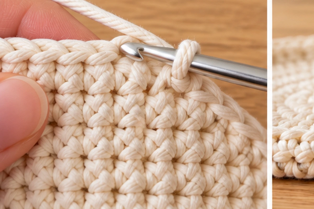 Crochet hook tip inside the center of a cream V stitch, with one loop on the hook