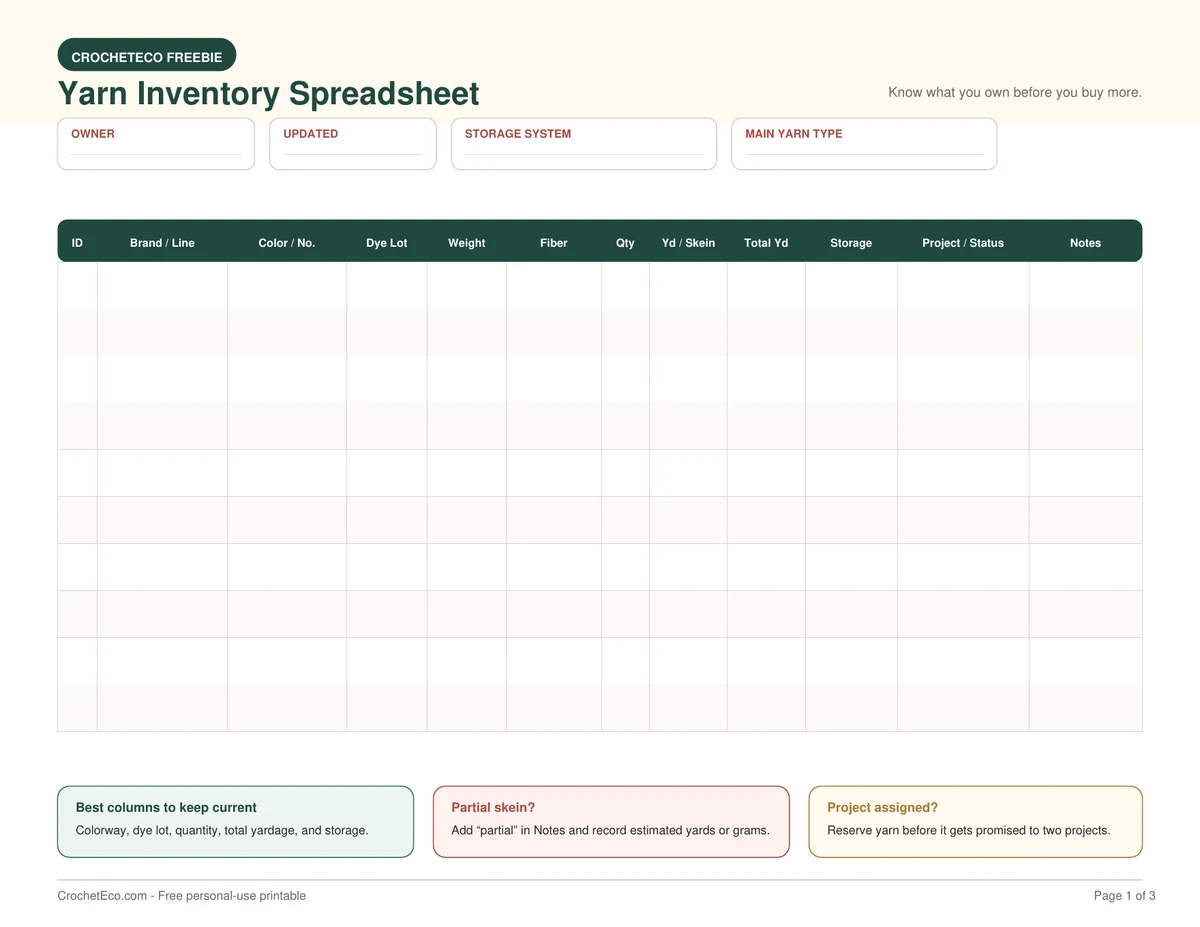 Free printable yarn inventory spreadsheet for crochet